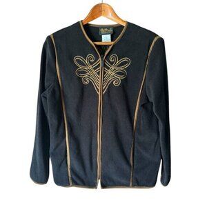 Bob Mackie Wearable Art Black Fleece Jacket With Gold Embroidery Size Medium